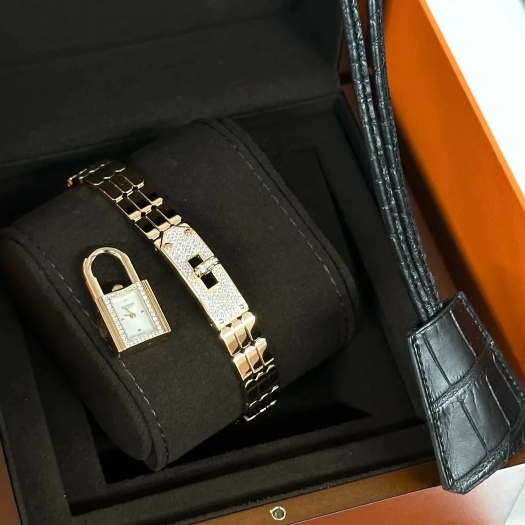 全新未使用 Hermes/爱马仕 小花6欢 kelly锁头石英手表 18K玫瑰金