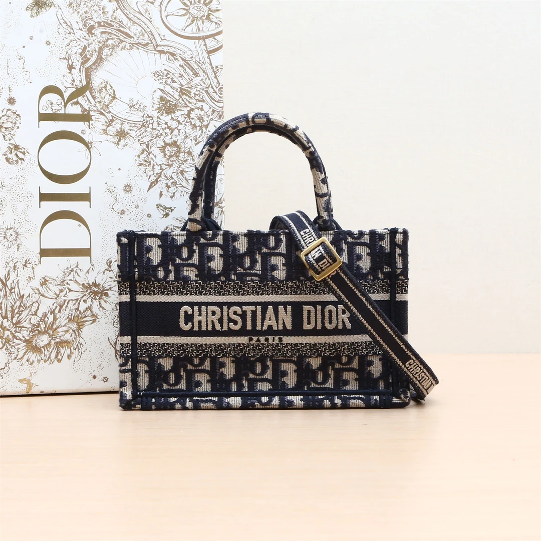 99新 DIOR/迪奥 小花6枫Book Tote 迷你 21.5 可拆卸肩带 墨蓝色