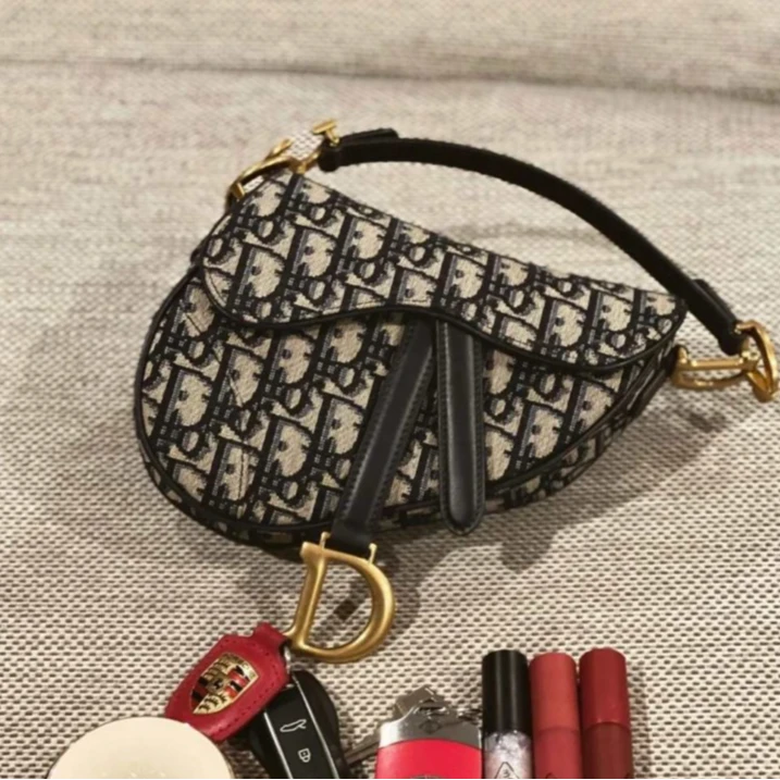 99新 DIOR/迪奥 小花6枫SADDLE 马鞍 小号 无肩带 蓝色 帆布