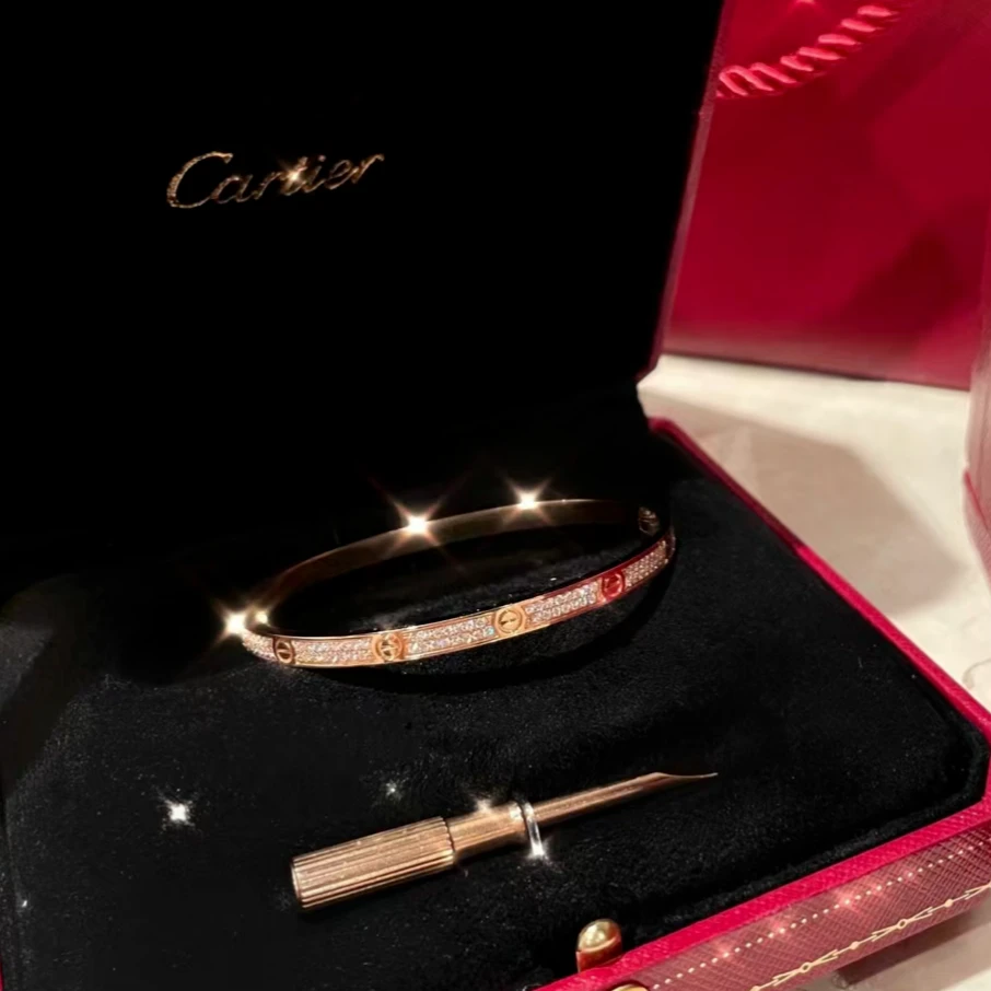 99新 Cartier/卡地亚 小花6枫 LOVE满钻手镯窄版玫瑰金17号