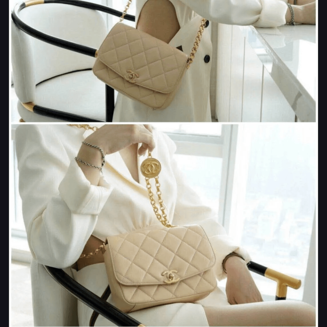 99新 Chanel/香奈儿 【小花念念】20K 口盖包 19cm 裸色 金币链条