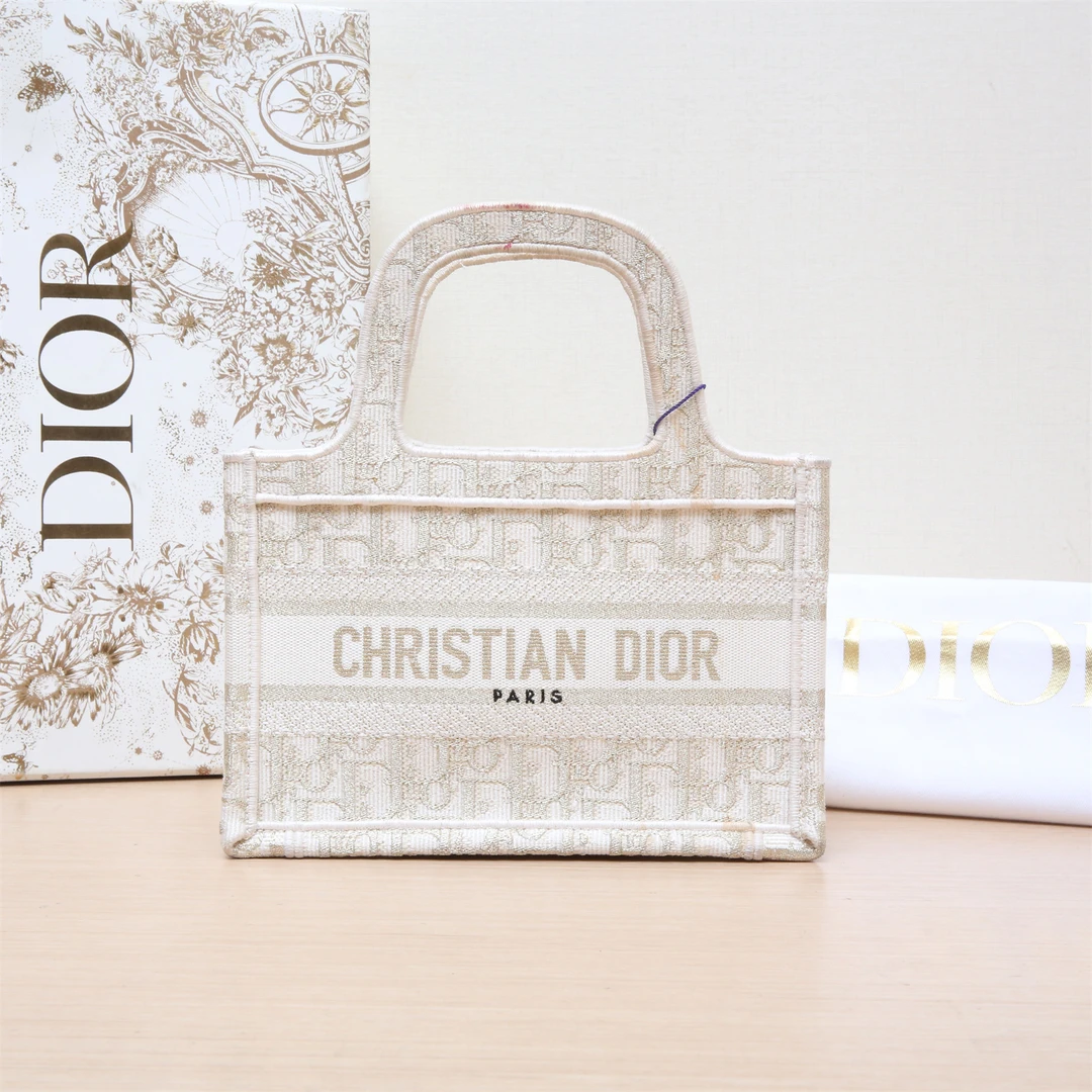 99新 DIOR/迪奥 【小花念念】mini TOTE 米白色 帆布 2021包