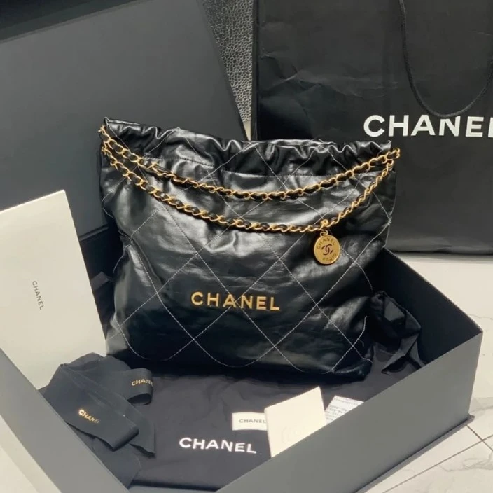 99新 Chanel/香奈儿 小花6枫22bag 黑金 钢琴线 小号