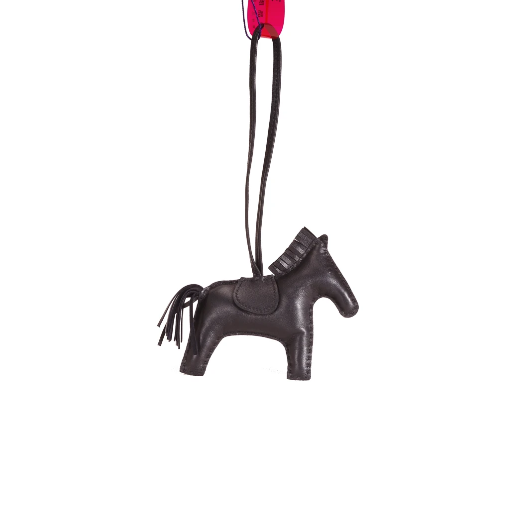 全新未使用 Hermes/爱马仕 小花6枫rodeo中号小马挂件 黑色皮革C