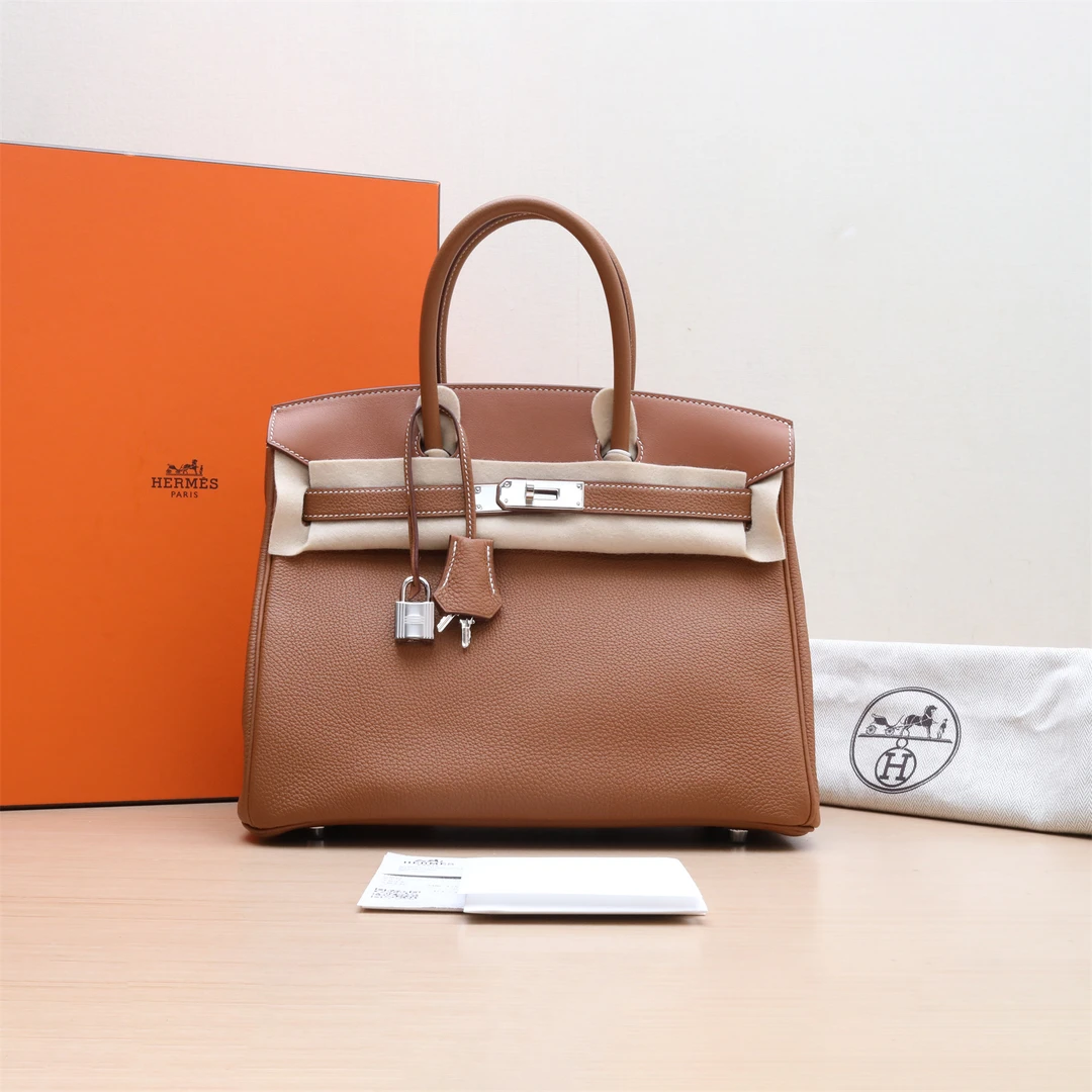 99新 Hermes/爱马仕 小花6枫Birkin 30 金棕色 Togo皮 B刻 银扣