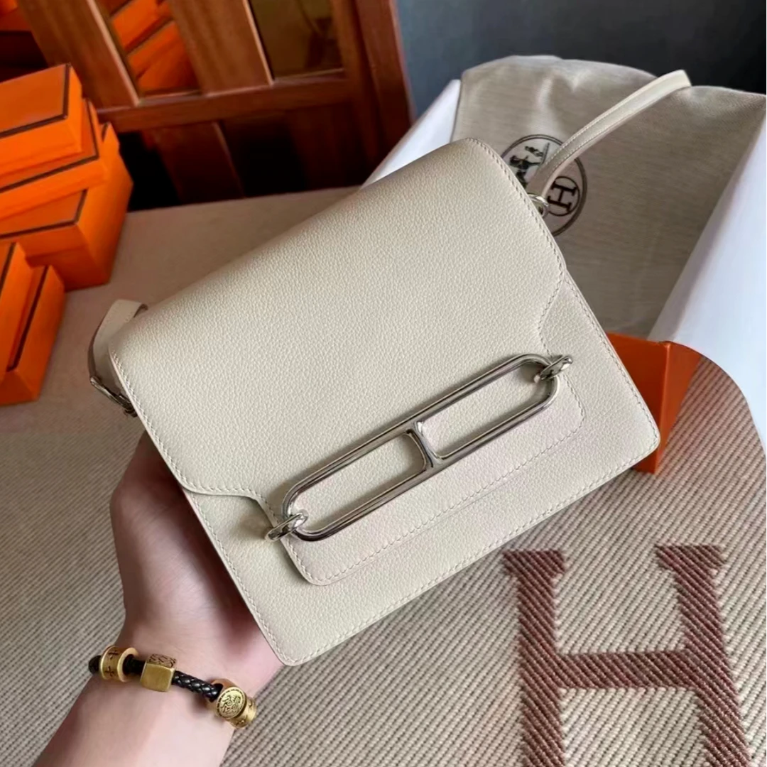 99新 Hermes/爱马仕 小花6欢 猪鼻子18 冰川白 EC皮 A刻银扣包