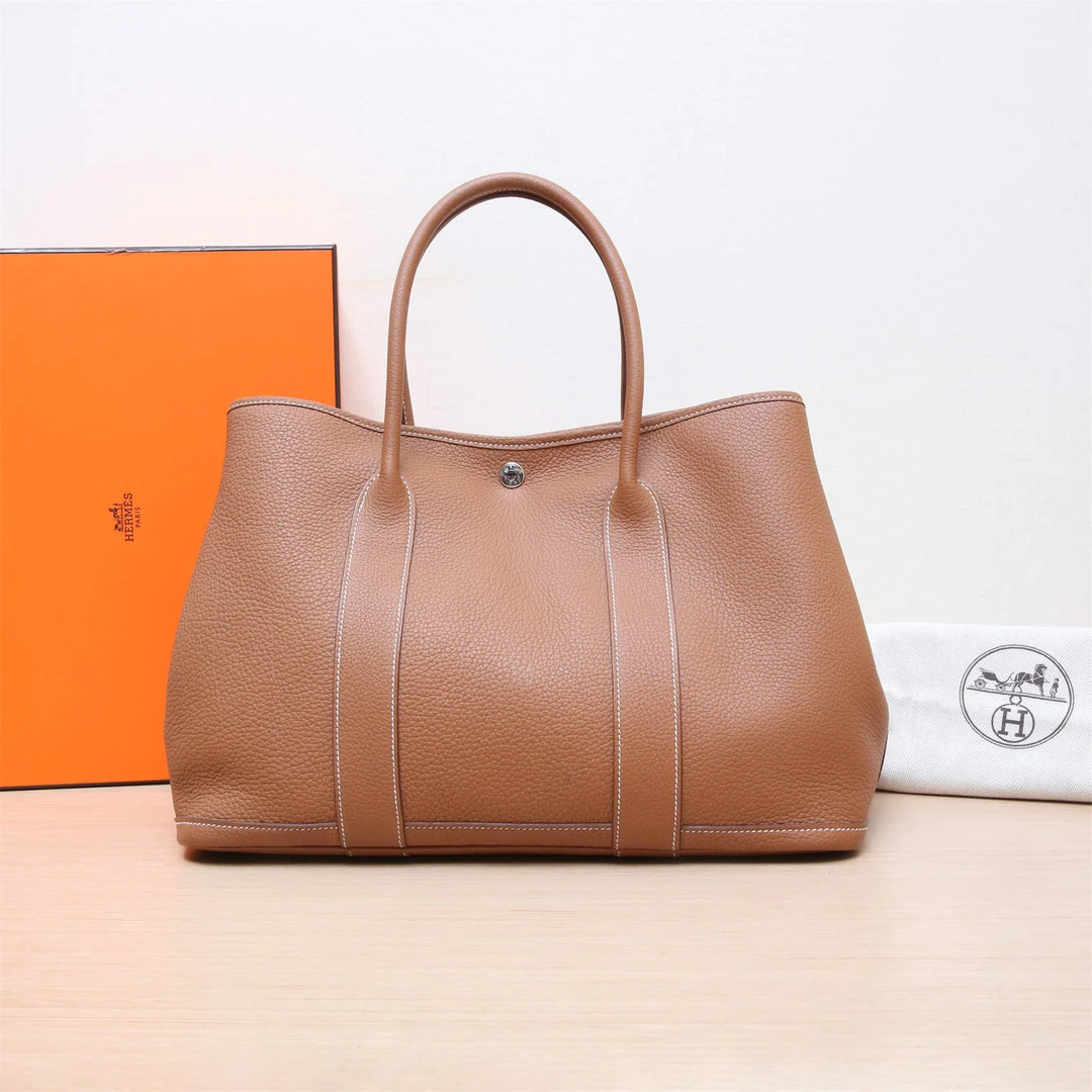 99新 Hermes/爱马仕 小花6枫 花园包 36金棕色 NEGONA皮 D刻 银扣