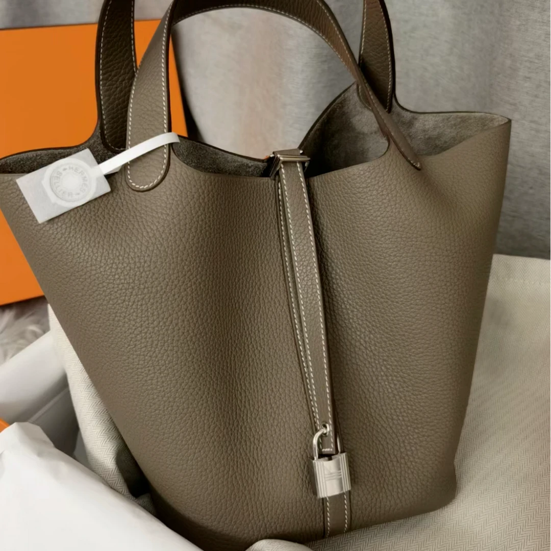 99新 Hermes/爱马仕 【小花念念】22 菜篮子 大象灰 X刻 银扣包