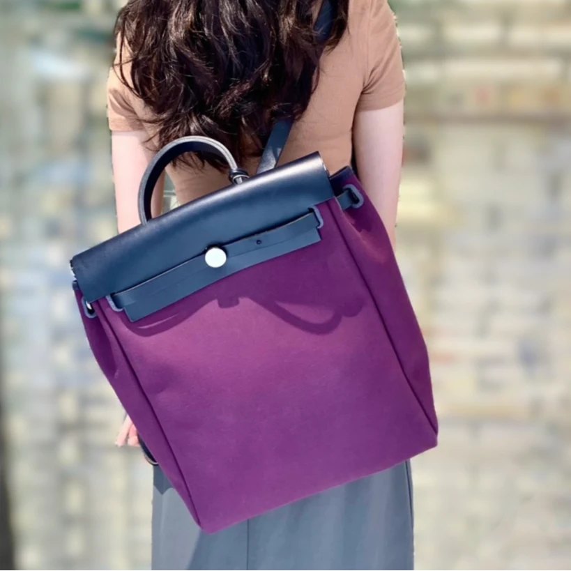 99新 Hermes/爱马仕 拆单全13899小花6枫 Herbag 帆布拼皮紫银 包