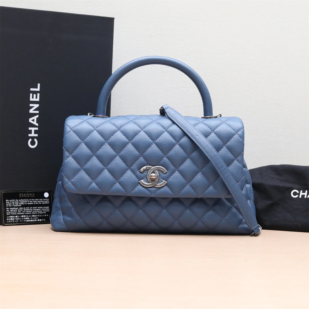 95新 Chanel/香奈儿 XF活动【小花念念】Coco Handle 中号 蓝色包