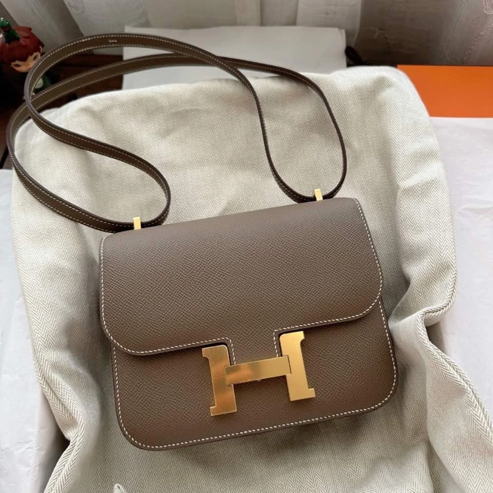 全新未使用 Hermes/爱马仕 小花6欢 康康19 大象灰 ep皮B刻金扣包
