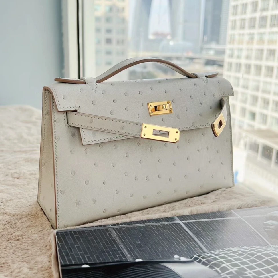 99新 Hermes/爱马仕 【小花Han】kelly 一代 珍珠灰 鸵鸵 B刻金扣