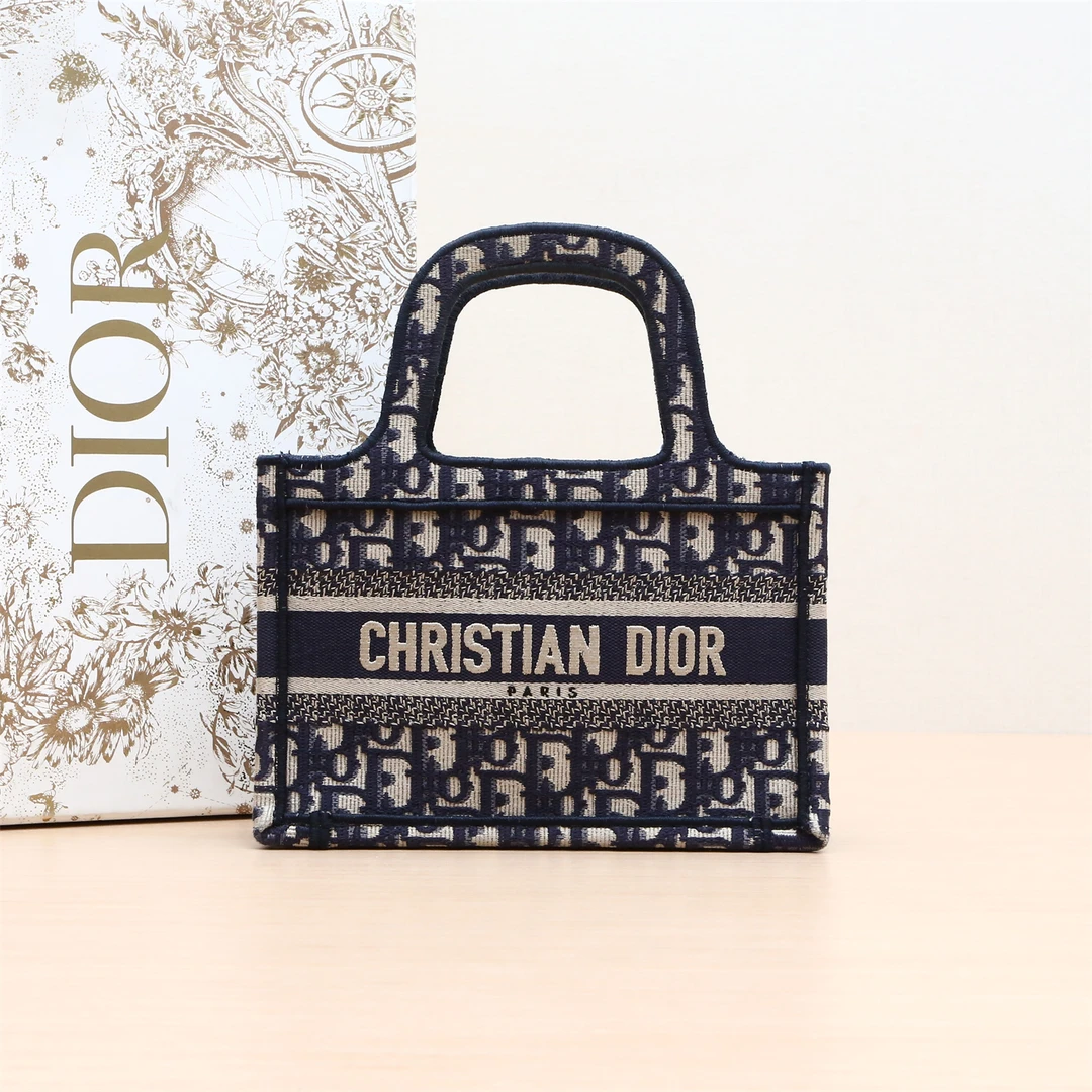 99新 DIOR/迪奥 小花6枫Book Tote 迷你 21.5 墨蓝色 帆布