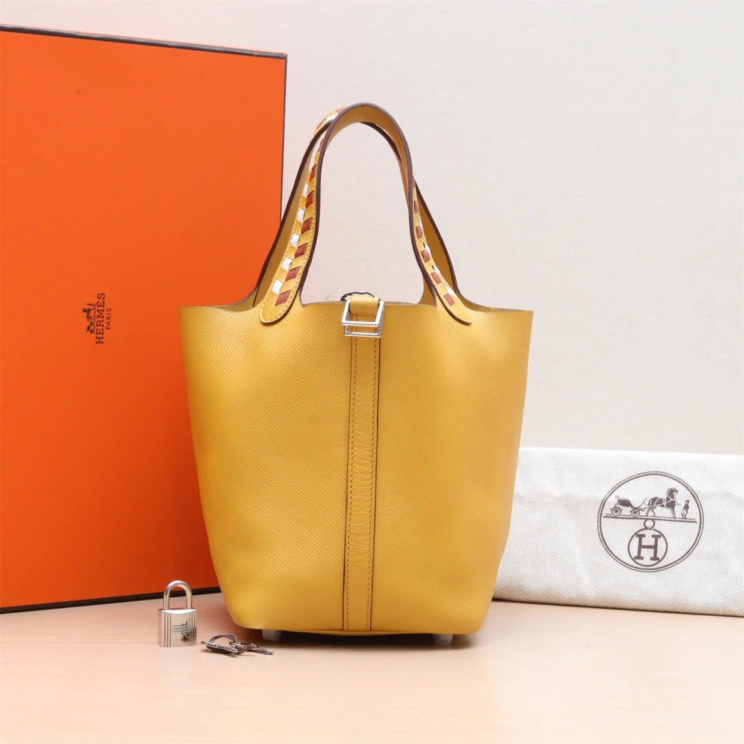 99新 Hermes/爱马仕 小花6枫18 菜篮子 琥珀黄 Ep皮 C刻 编制肩带