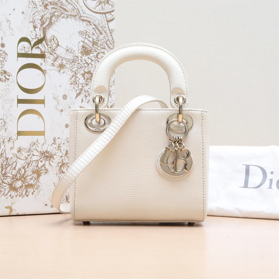 95新 DIOR/迪奥 【小花Han】戴妃包 三格 皮肩带 蜥蜥皮 金扣 2020