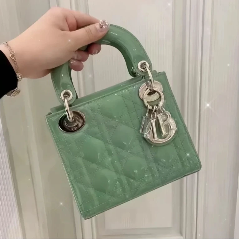 99新 DIOR/迪奥 小花6枫 戴妃包 三格 绿色 漆皮 金扣