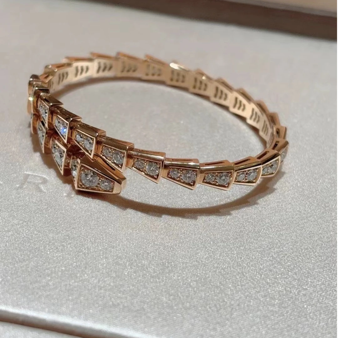 99新 BVLGARI/宝格丽 小花6欢 蛇骨 手镯 满钻 18K玫瑰金 L码