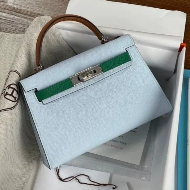 99新 Hermes/爱马仕 小花6枫 Mini Kelly 二代三拼色雾霾蓝z刻包