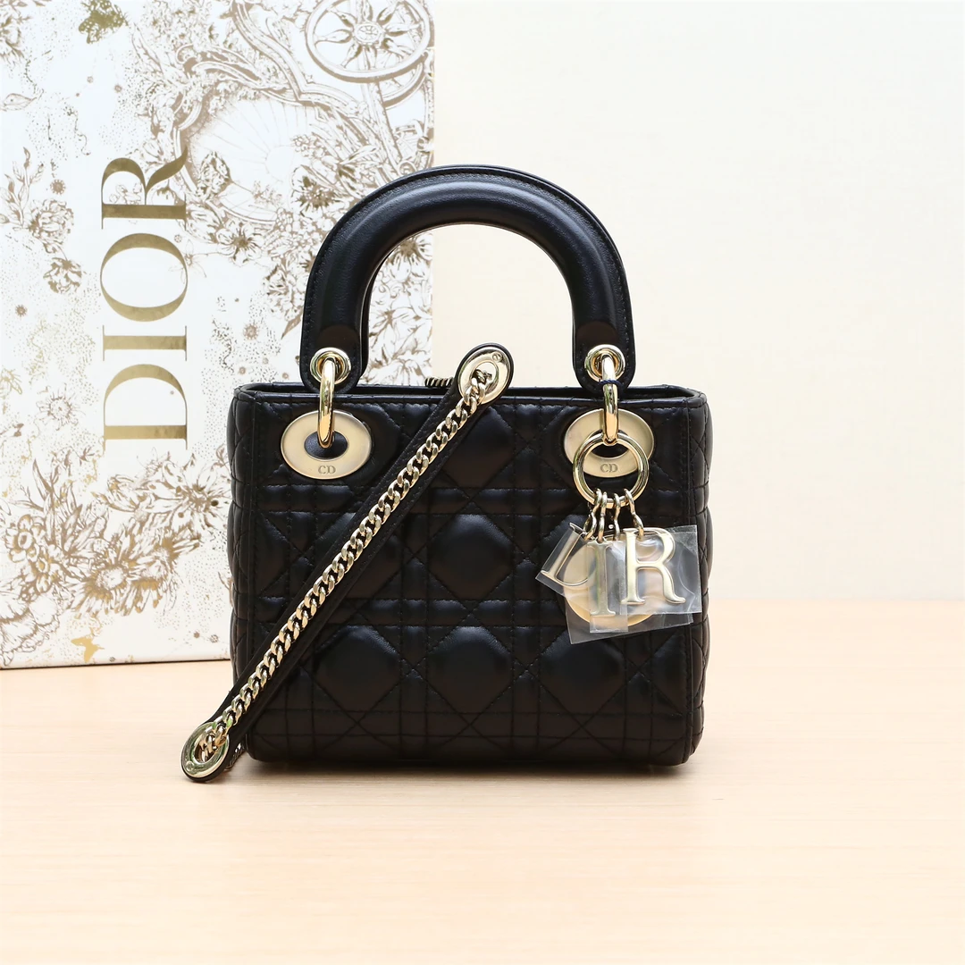 95新 DIOR/迪奥 【小花Han】 戴妃包 三格 黑色 皮革S 金扣 2019