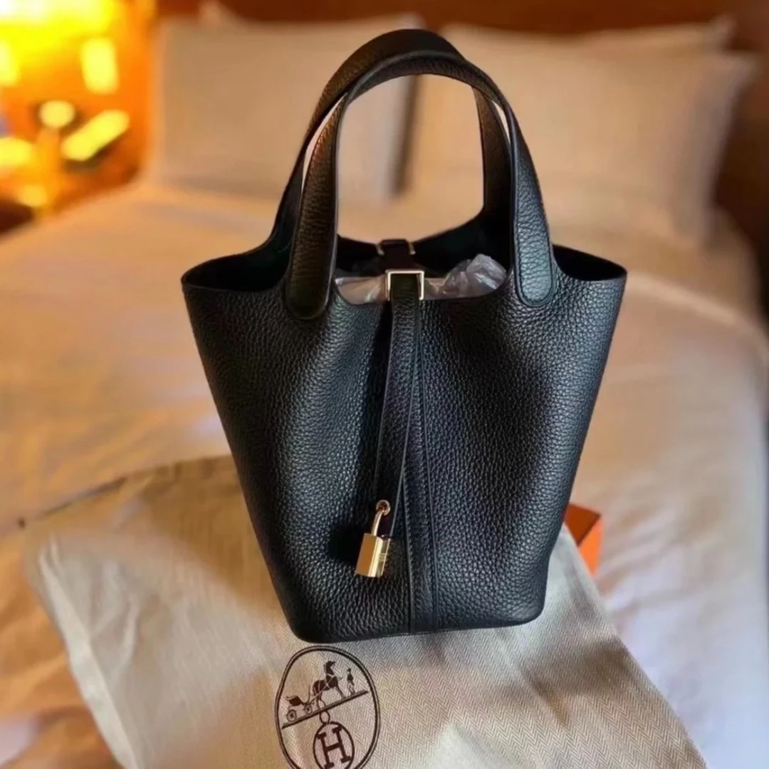 99新 Hermes/爱马仕 【小花Han】菜篮子 18 黑色 TC皮 D刻 金扣