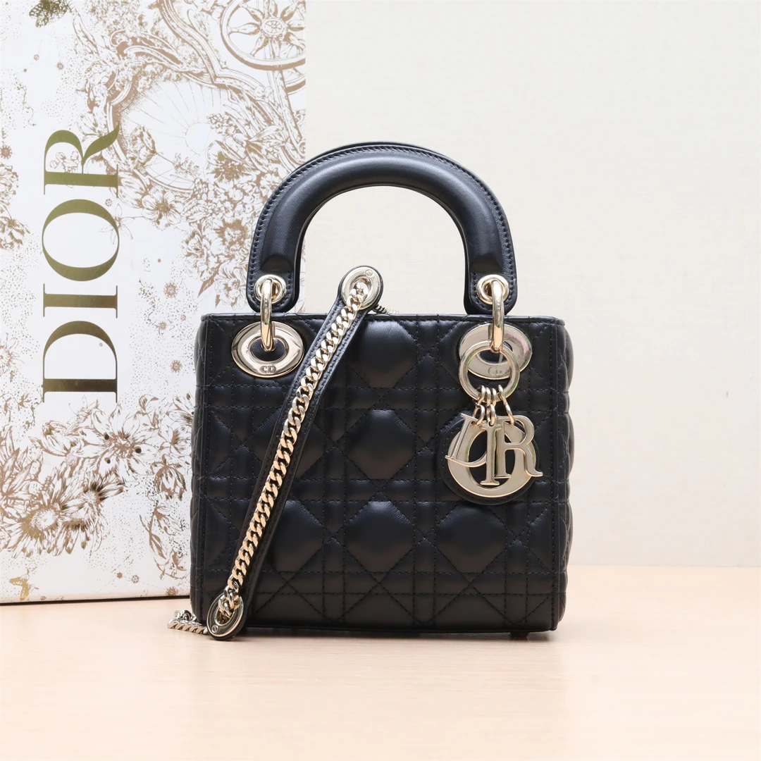 99新 DIOR/迪奥 小花6枫Dior 戴妃包 三格 黑色 金扣 2022