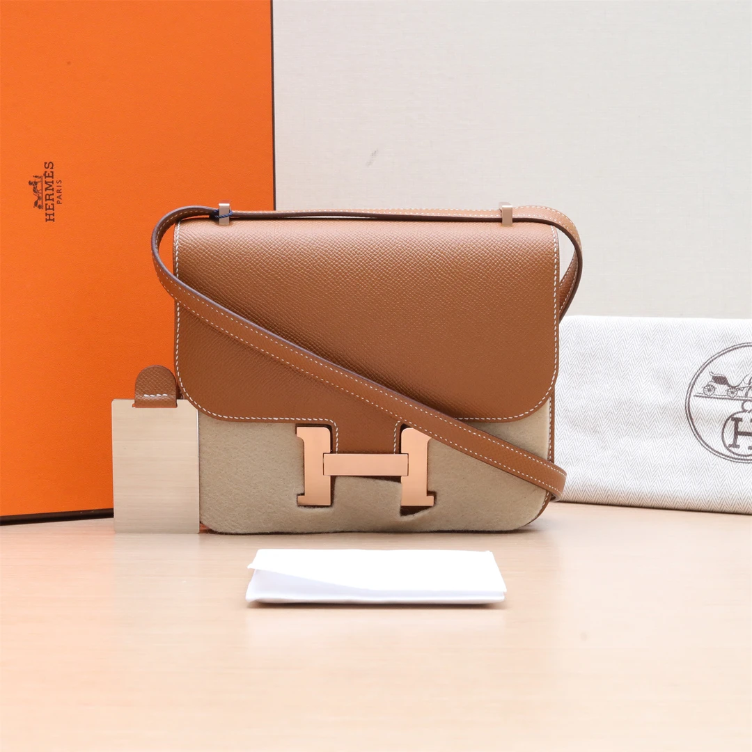 99新 Hermes/爱马仕 小花6枫康康 19 金棕色 Ep皮 U刻 玫瑰金扣包