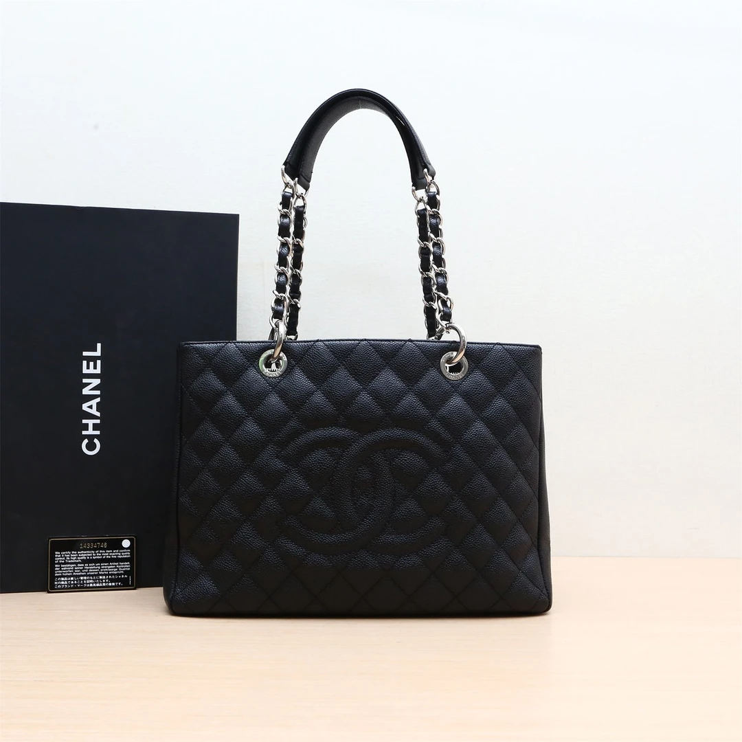99新 Chanel/香奈儿 小花6枫GST 购物袋 小号 黑色 14开 银扣