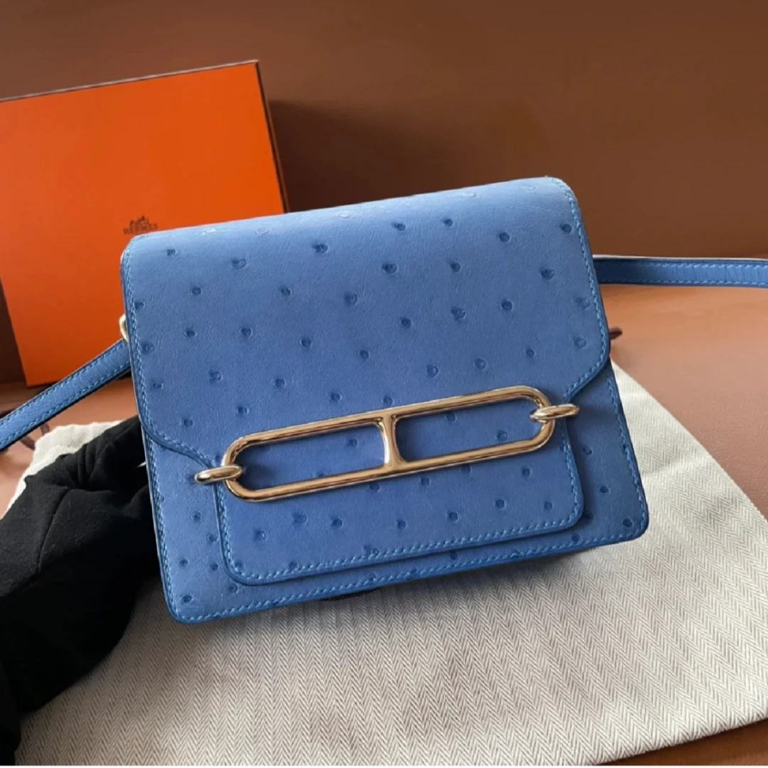 99新 Hermes/爱马仕 外【小花Han】 19 猪鼻子 蓝色 鸵鸵皮 A刻金扣