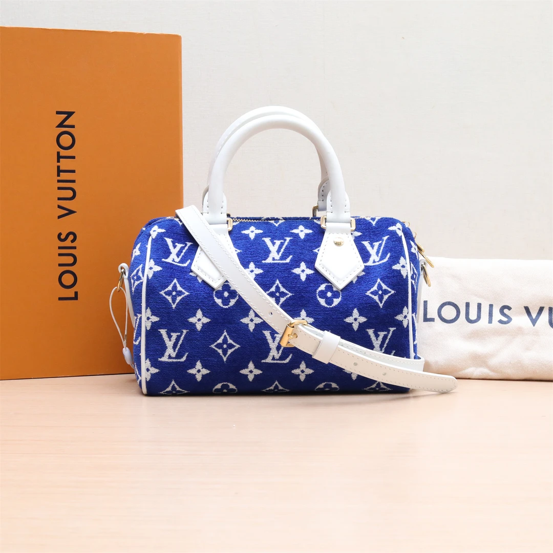 99新 LouisVuitton/路易威登 小花6欢 Speedy 20 蓝色 天鹅绒芯片