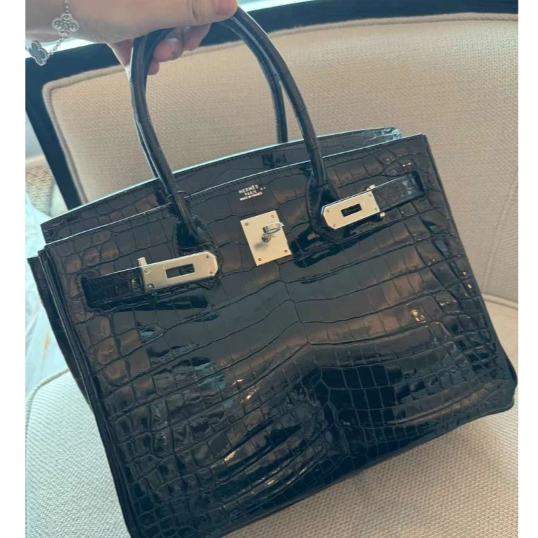99新 Hermes/爱马仕 小花6枫birkin 30 黑银两点鳄鱼框G两点 包