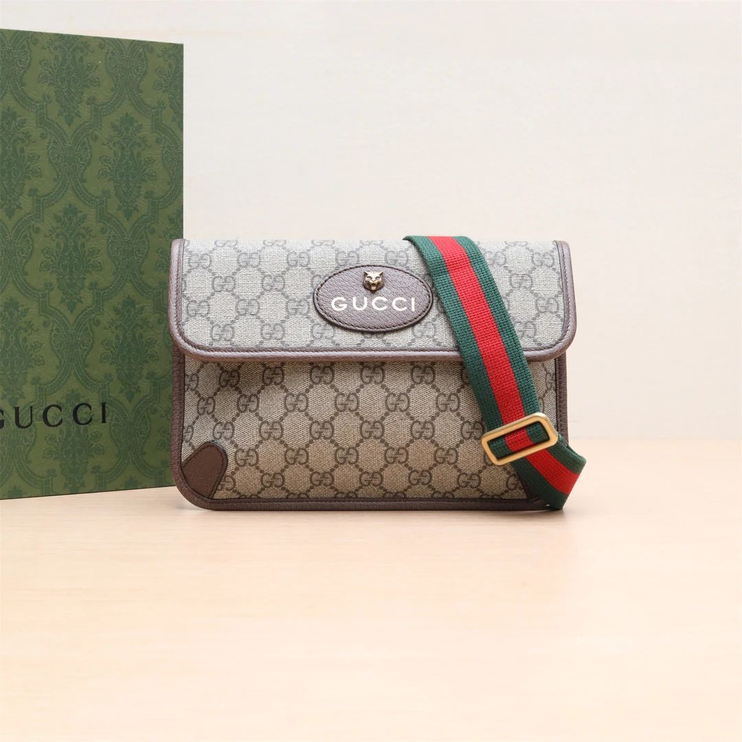 99新 GUCCI/古驰 XF【小花念念】虎头 腰包 24 乌木色 PVC