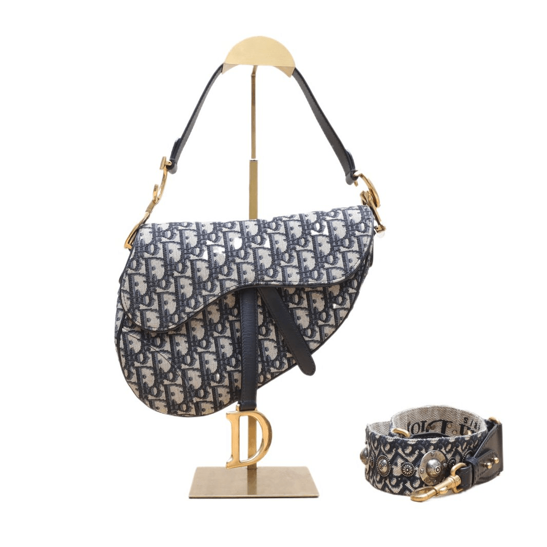 99新 DIOR/迪奥 【小花Han】 马鞍 中号 配肩带 蓝色 帆布 包