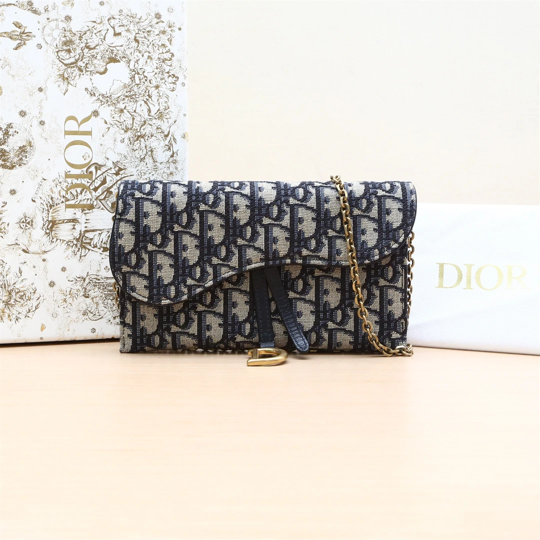 99新 DIOR/迪奥 【小花Han】马鞍 链条WOC 19 二合一 墨蓝色 2021
