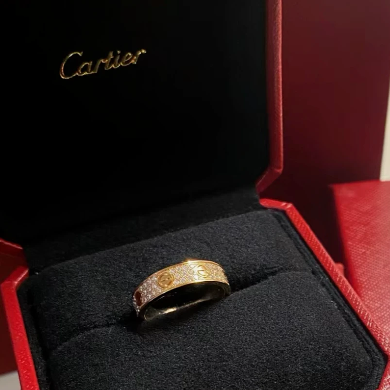 99新 Cartier/卡地亚 小花6欢 LOVE 满钻 窄版戒指 18K玫瑰金 52