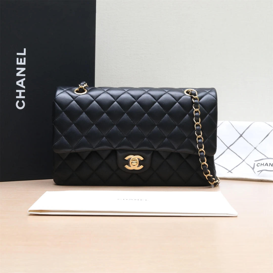 99新 Chanel/香奈儿 【小花Han】CF 口盖包 中号 黑色 皮革S 芯片开