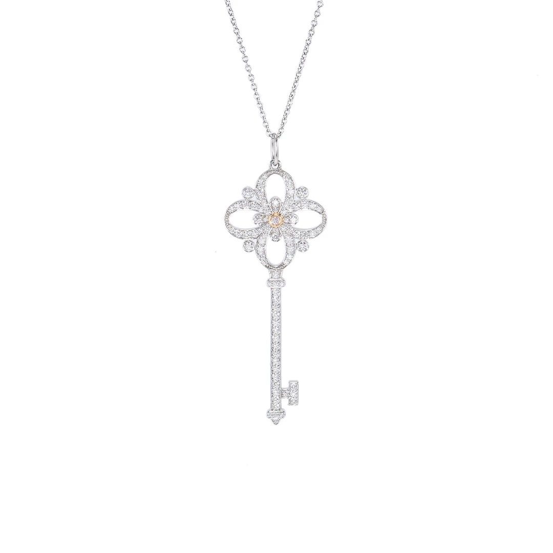 99新 Tiffany & Co./蒂芙尼 【小花念念】维多利亚白金满钻钥匙项链