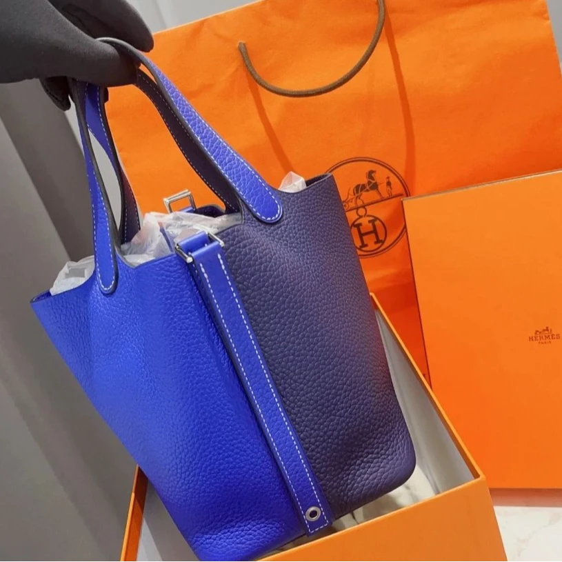99新 Hermes/爱马仕 小花6枫18 菜篮子 双蓝 TC皮 Z刻 银扣