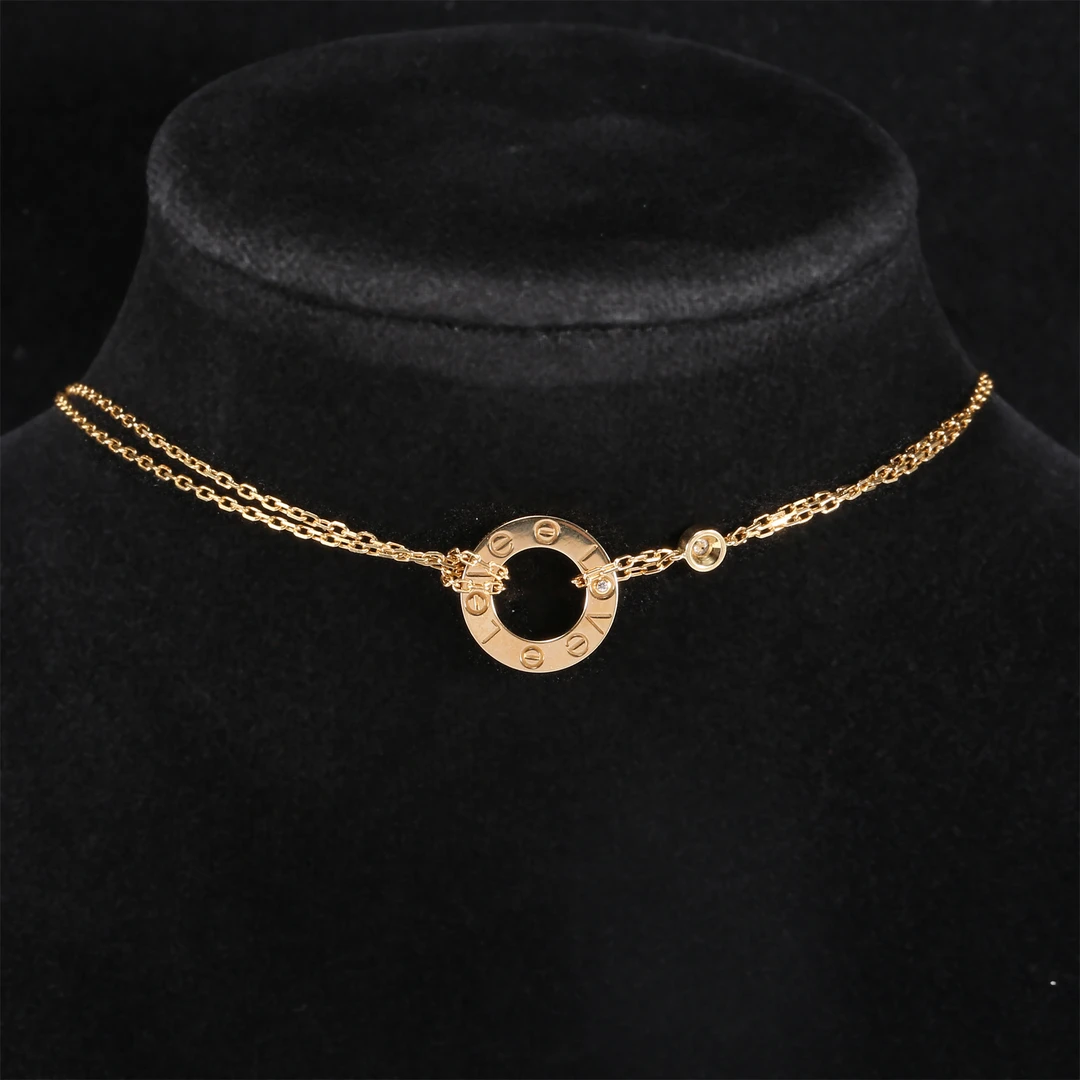 99新 Cartier/卡地亚 小花6枫LOVE 18K黄金拼钻石 圆饼项链