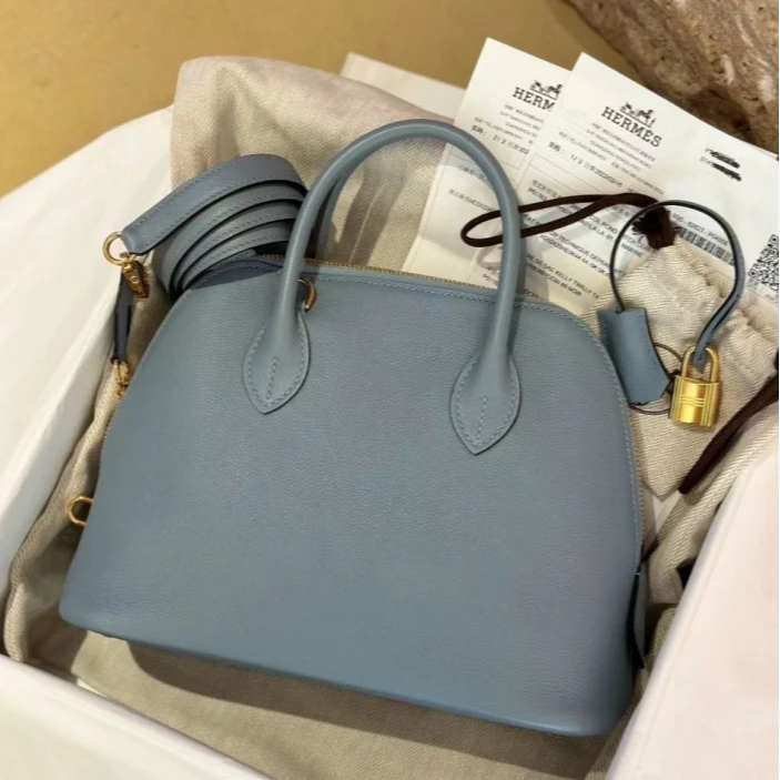 99新 Hermes/爱马仕 小花6枫 保龄球包 25 亚麻蓝 Z刻金扣