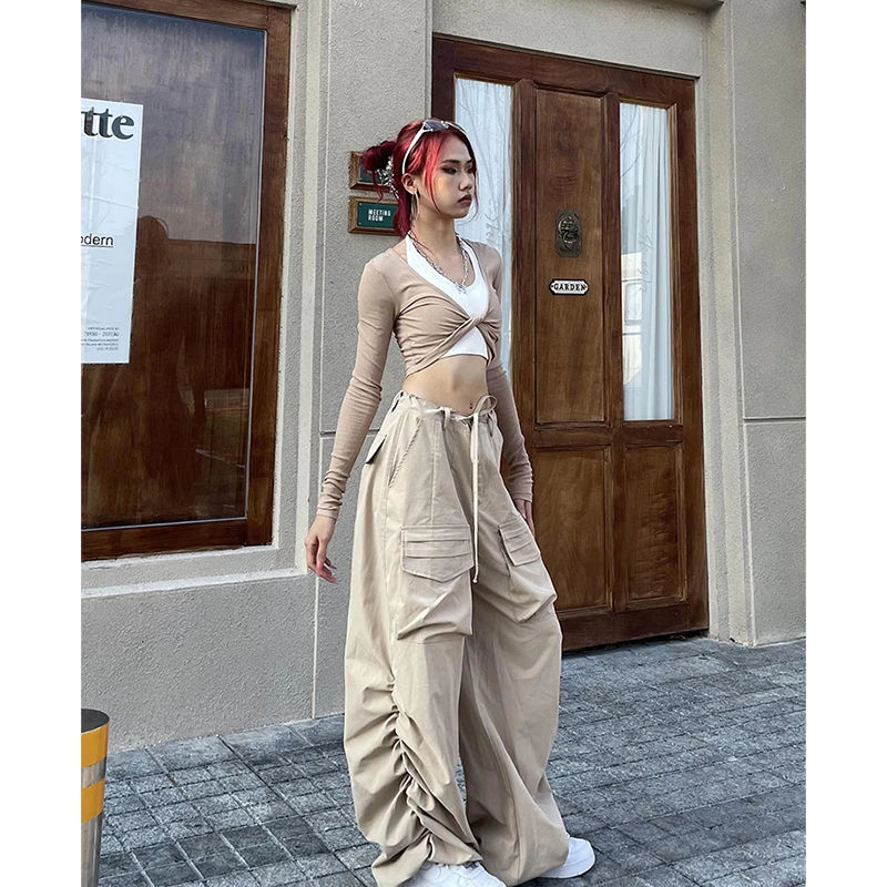 YAMMYUKI美拉德风辣妹抽绳大口袋工装降落伞跳舞百搭轻薄高腰长裤