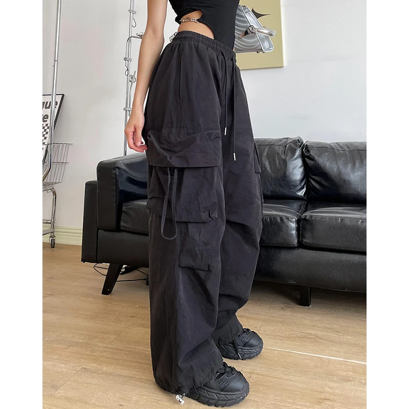 YAMMYUKI甜酷辣妹黑色松紧腰跳舞宽松大口袋爵士hiphop工装长裤