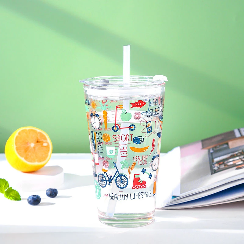 九天揽月涂鸦加厚耐热双饮家用玻璃吸管杯