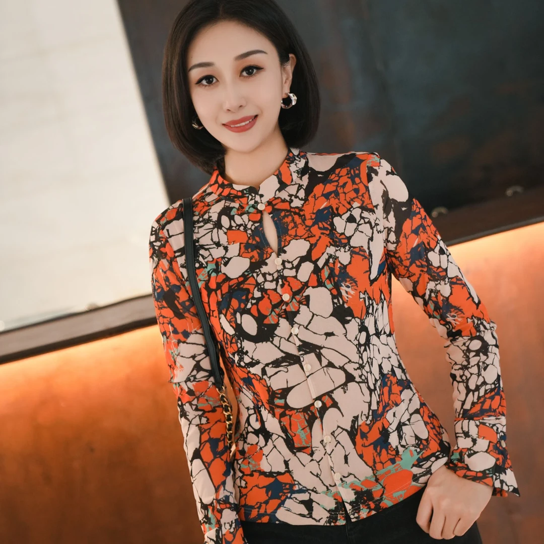 GIRDEAR/哥弟 雅丹风｜新中式旗袍领印花弹力纱网衬衫1301057