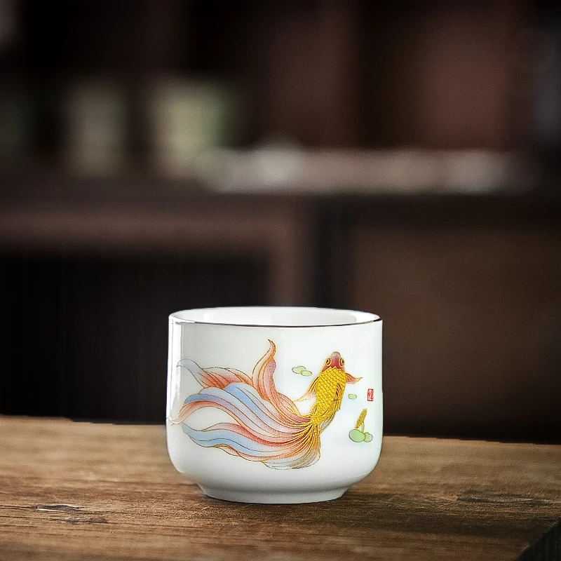 自动鱼客杯羊脂玉高端茶杯陶瓷主人单杯个人专用功夫茶具陶瓷器具