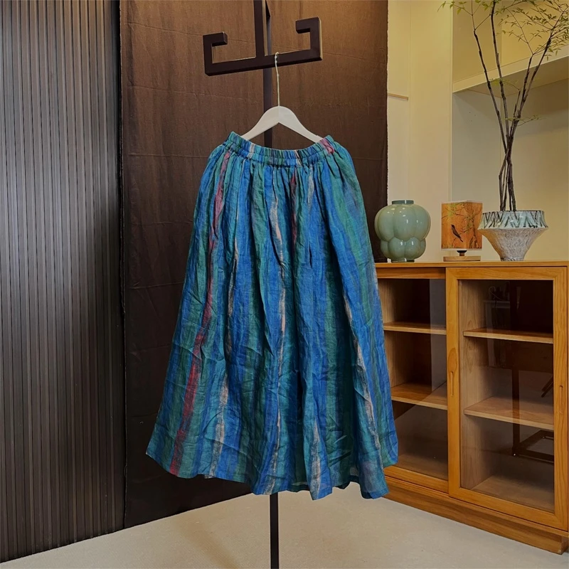 如素慢衣色彩苎麻 带内衬 百褶半身裙 超大裙摆 松紧腰 36205