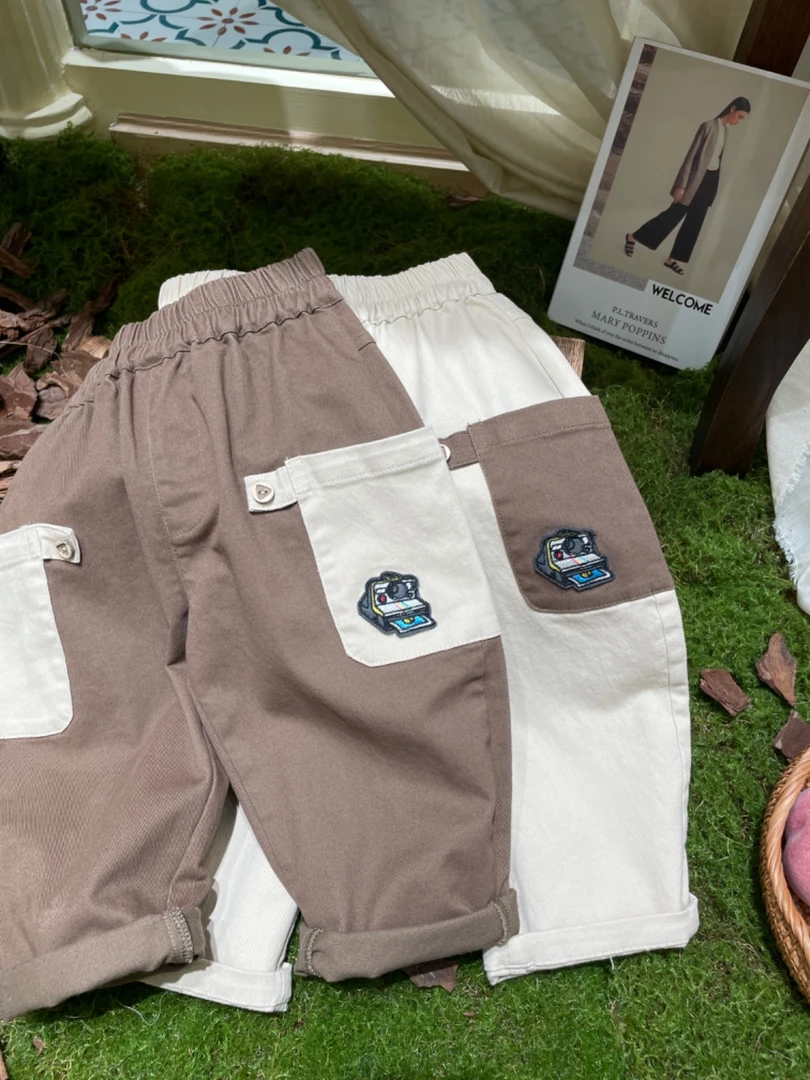 2024秋男童宽松小童韩版纯色相机贴布休闲裤