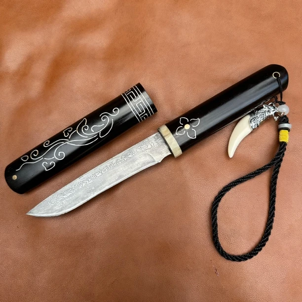 娄氏阿昌族手工大马士革钢锻打家用户外活动削皮瓜果刀