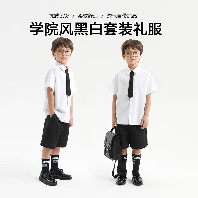 辰妈儿童衬衣套装夏季凉爽速干jk学院风白衬衫领带中大童表演礼服