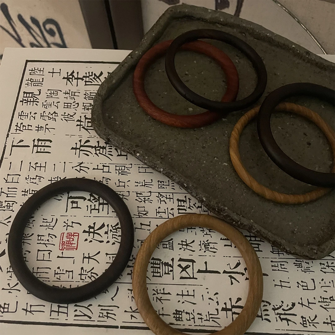 非金属木质手镯 黑檀木手镯 古风中式百搭高级绿檀圆条镯子显白