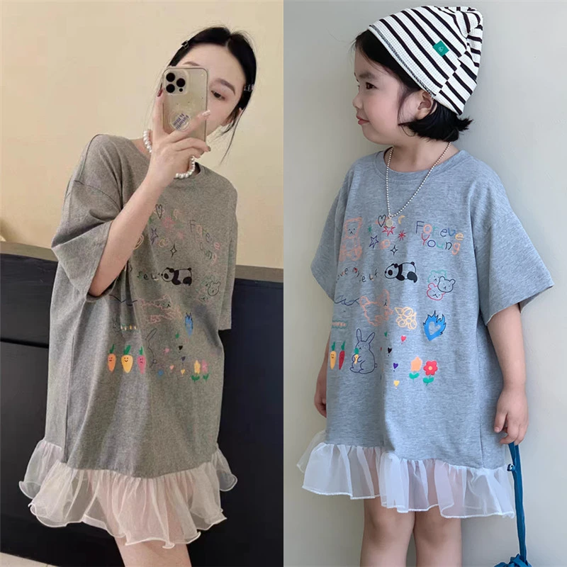 纯棉妈妈亲子装母女夏季新款女童洋气短袖T恤裙中长款时髦连衣裙